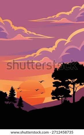 Vertical Sunset Landscape Vector Illustration with Silhouetted Trees Mountains and Dramatic Colorful Sky