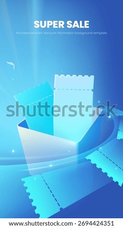 Vertical super promotion discount gift box opened with a blue background template