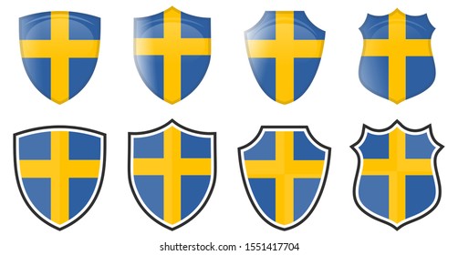 Vertical Swedish flag in shield shape, four 3d and simple versions. Sweden icon / sign