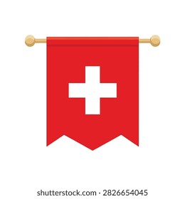 Vertical Switzerland Flag Pennant Hanging on Gold Pole Isolated on White Background Vector Illustration