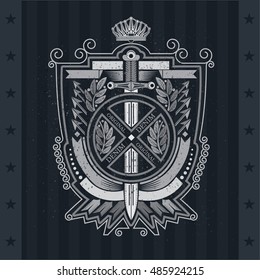 Vertical sword and round frame in the center of leaf wreath and cross arrows. Vector heraldic element for design or t-shirt print on blackboard