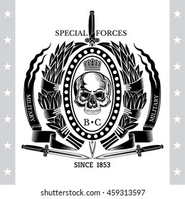 Vertical sword with skull front view in center oval frame between laurel wreath and ribbons. Vintage label isolated on white