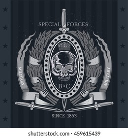 Vertical sword with skull front view in center oval frame between laurel wreath and ribbons. Vintage label isolated on blackboard