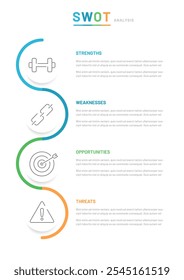 Análise vertical swot das atividades da empresa e da organização na forma de um diagrama que consiste em pontos fortes, pontos fracos, oportunidades e ameaças.