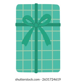 Vertical teal gift box with soft checkered pattern and green ribbon, perfect for festive packaging.