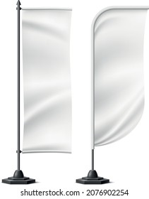 Vertical Telescopic Banner Mockup. Realistic White Fabric On Black Stand