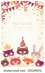 Vertical template with animal masks, triangular flags, paper streamers and confetti. Retro vector illustration. Design for invitation, poster, flyer, banner. Place for your text. Costume party layout