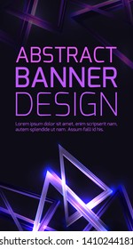 Vertical template of banner with abstract 3d background with neon triangles and sparkles on dark background with place for text. Vector element for placat, voucher and your design