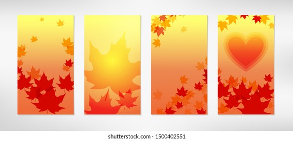 Vertical template banner and background for social media stories with autumn leaves isolated on white. Colorful vector illustration. Space for text.
