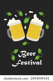 Vertical template banner for beer festival with beer mugs and hops. Autumn season beer festival illustration. Greeting card for social media on dark background