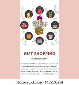 Vertical template with boxes and  gifts in round shape and space for text. Vector.
