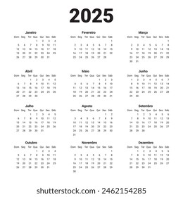 Vertical template calendar New Year 2025. Portuguese calendar design. Português week starts on Monday. Yearly grid on white. Simple vector illustration.