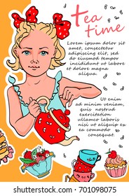 Vertical template of card, invitation  illustrating by hand. With a girl pouring tea and a set of sweetness. 
