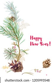 Vertical template card for New Year. Framework with pine branches, cones, needles, decorative twigs on white background, hand draw, watercolor style, botanical illustration. Christmas tree, vector