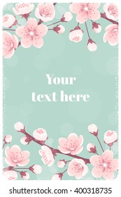 Vertical template with cherry blossom, spring flowers. Retro vector illustration. Place for your text. Design for invitation, banner, card, poster, flyer