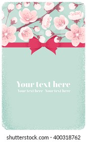 Vertical template with cherry blossom, spring flowers, red bow and ribbon. Retro vector illustration. Place for your text. Invitation, banner, card, poster, flyer, gift certificate, voucher, coupon