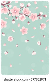 Vertical template with cherry blossom, spring flowers, falling petals. Retro vector illustration. Place for your text. Design for invitation, banner, card, poster, flyer