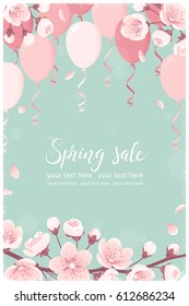 Vertical template with cherry blossom, spring flowers, balloons, falling petals. Retro vector illustration. Spring sale lettering. Place your text. Design for invitation, banner, card, poster, flyer