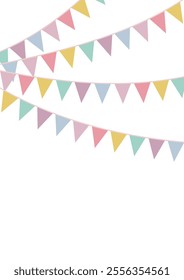 Vertical template with colorful hanging paper flags. Celebration background with empty space for your text or design. Decor or invitation poster for party, festival, birthday.