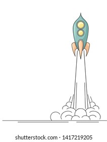 Vertical template with contour illustration of a retro space rocket taking off with smoke. Start up project with a starship. Linear drawing on a white background. Success in the project. Banner, slide