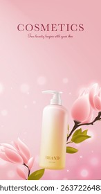 Vertical template for cosmetics advertisements and pink bottle packaging design