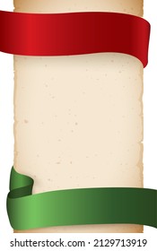 Diseño de plantilla vertical con desplazamiento antiguo y andrajado decorado con cintas rojas y verdes vacías.