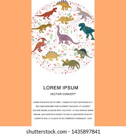 Vertical template with dinosaurs circle shape flat composition. Clip art with copyspace. Greeting card, poster design element. Vector