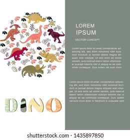Vertical template with dinosaurs circle shape flat style composition. Hand lettering dino. Clip art with copyspace. Greeting card, poster design element. Vector