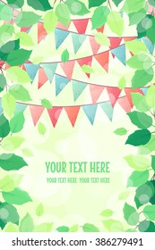 Vertical Template With Fresh Green Spring Leaves And Multicolored Party Flags. Retro Vector Illustration. Bokeh Background. Place For Your Text. Design For Invitation, Banner, Card, Poster, Flyer