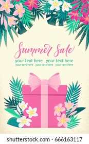 Vertical template with gift box, palm leaves, pink, white frangipani (plumeria) flowers. Retro vector illustration. Summer sale lettering. Invitation, banner, card, poster, flyer, gift certificate