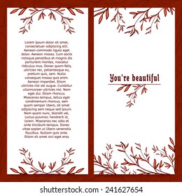 Vertical template greeting card with place for your text. Decorated with floral elements in red branch and orange leaves. 