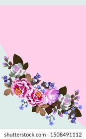 Vertical template for greeting or invitation card with floral garland and space for text. Wrapping design.
