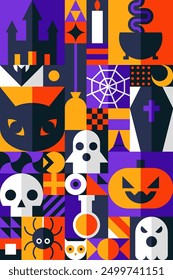 Plantilla de Vertical del fondo geométrico de la Bauhaus de Halloween en estilo del bloque del mosaico, modelo inconsútil para los telones de fondo, las tarjetas de felicitación, y diseño moderno retro adornado de la geometría