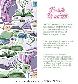 Vertical template of  hand drawn ink and colored  sketch with books and school items . Color stickers  isolated on white background. Vector illustration.