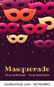 Vertical template with masquerade masks and colorful stars. Retro vector illustration. Design for invitation, card, poster, banner, flyer. Place for your text