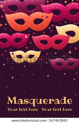 vertical template with masquerade masks and colorful stars retro vector illustration design for invitation