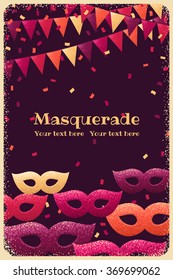 Vertical template with masquerade masks, triangular flags and confetti. Retro vector illustration. Design for invitation, card, poster, banner, flyer. Place for your text