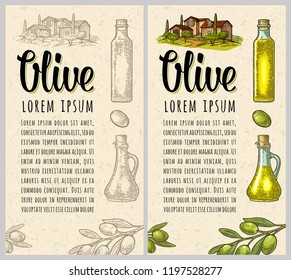 Vertical template for menu, poster, label olive oil. Bottle, jug, branch with leaves. Landscape with villa or farm with field, tree and cypress. Vector black vintage engraving isolated on craft paper