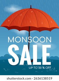 vertical template for monsoon sale, postcard with umbrella and rain