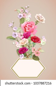 Vertical template for Mother's Day with carnation, spring blossom: red, pink, white flowers, leaves, vintage background, botanical illustration, watercolor style, polygon frame, copy space, vector