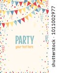 Vertical template with multicolored party flags, confetti, stars, paper streamers. Vector illustration. Place for your text. Design for poster, invitation, card, banner, flyer