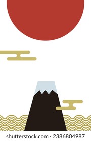 Vertical template for New Year's greeting card with black Fuji, golden first sunrise and wave pattern