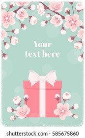 Vertical template with pink gift box, cherry blossom, spring flowers. Retro vector illustration. Bokeh background. Place for your text. Invitation, banner, card, poster, flyer, gift certificate