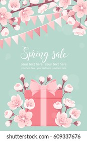 Vertical template with pink gift box, cherry blossom, spring flowers, party flags. Retro vector illustration. Spring sale lettering. Invitation, banner, card, poster, flyer, gift certificate