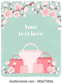 Vertical template with pink shopping paper bags, cherry blossom, spring flowers. Retro vector illustration. Bokeh background. Place for your text. Invitation, banner, card, poster, gift certificate