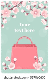 Vertical template with pink shopping paper bag, cherry blossom, spring flowers. Retro vector illustration. Bokeh background. Place for your text. Invitation, banner, card, poster, gift certificate
