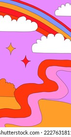 vertical template for social media. Editable layered photo stories.1970 psychedelic and groovy hippies.Fantasy naive background with rainbow,sky,clouds.90s good vibes.nostalgia story