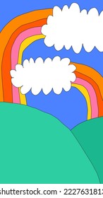 vertical template for social media. Editable layered photo stories.1970 psychedelic and groovy hippies.Fantasy naive background with rainbow,sky,clouds.90s good vibes.nostalgia story