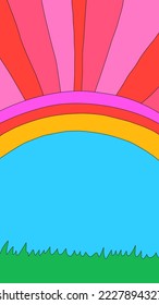 vertical template for social media. Editable layered photo stories.1970 psychedelic and groovy hippies.Fantasy naive background with rainbow,sky,clouds.90s good vibes.nostalgia story