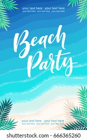 Vertical template with tropical beach, blue and turquoise sea, palm leaves. Retro vector illustration. Beach party lettering. Place for your text. Invitation, banner, card, poster, flyer